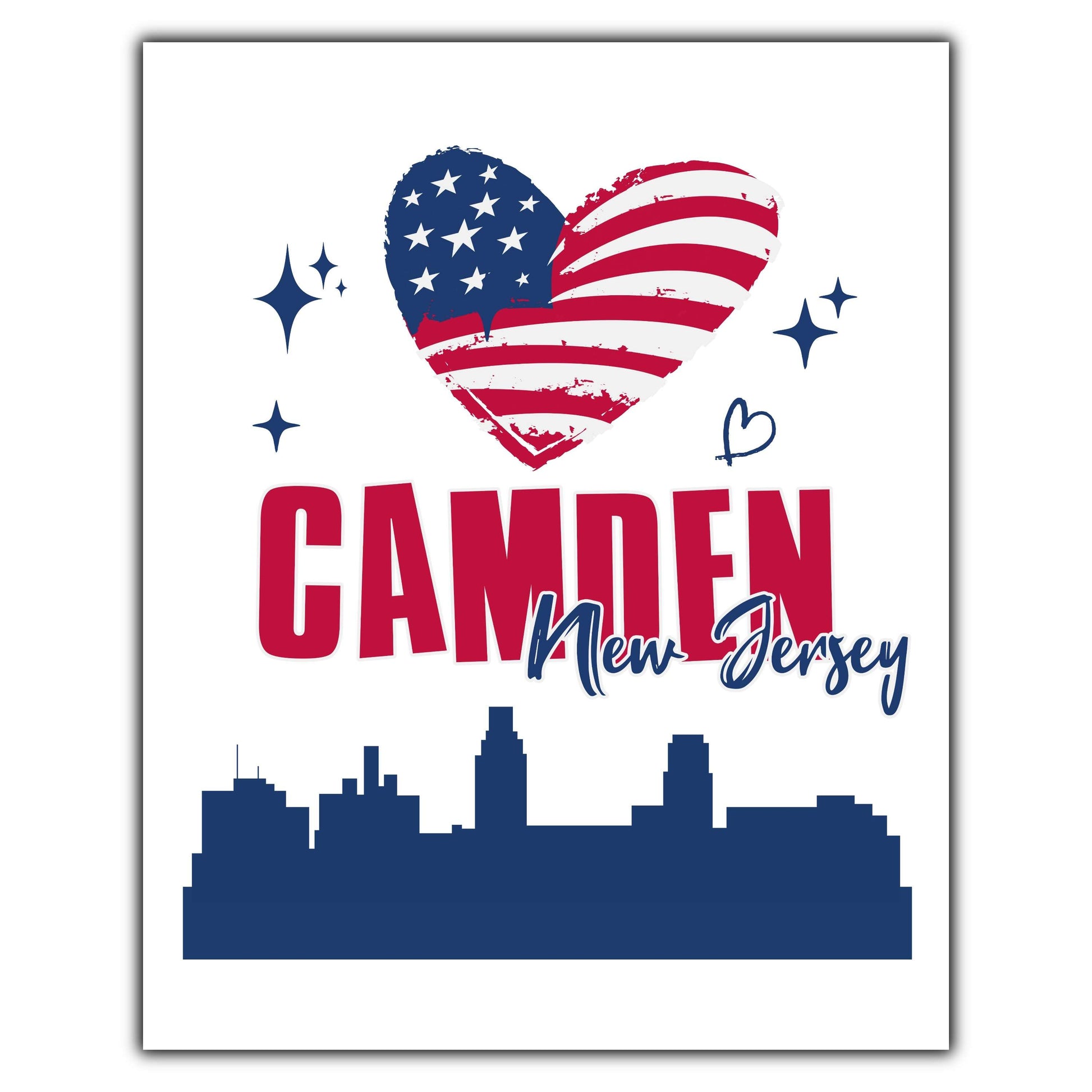 Camden New Jersey Skyline American Flag Heart 4th of July 8"x10" Wall Art Print