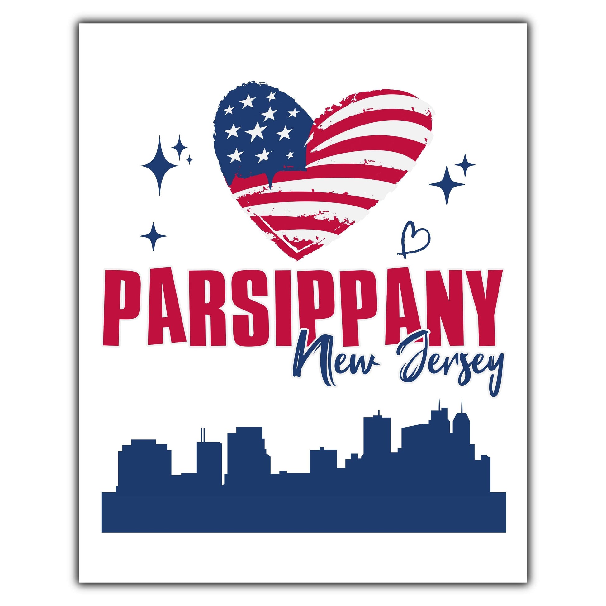 Parsippany New Jersey Skyline American Flag Heart 4th of July 8"x10" Wall Art Print