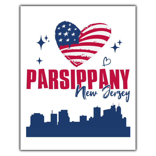Parsippany New Jersey Skyline American Flag Heart 4th of July 8"x10" Wall Art Print