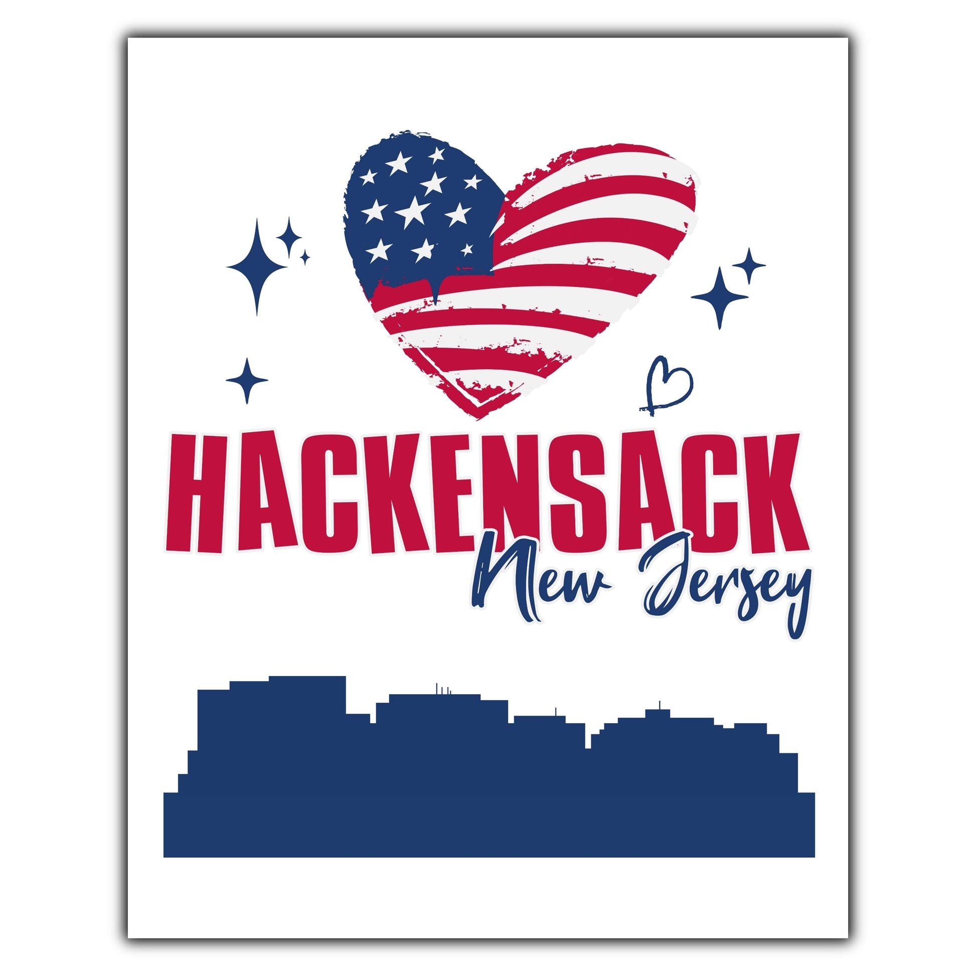 Hackensack New Jersey Skyline American Flag Heart 4th of July 8"x10" Wall Art Print