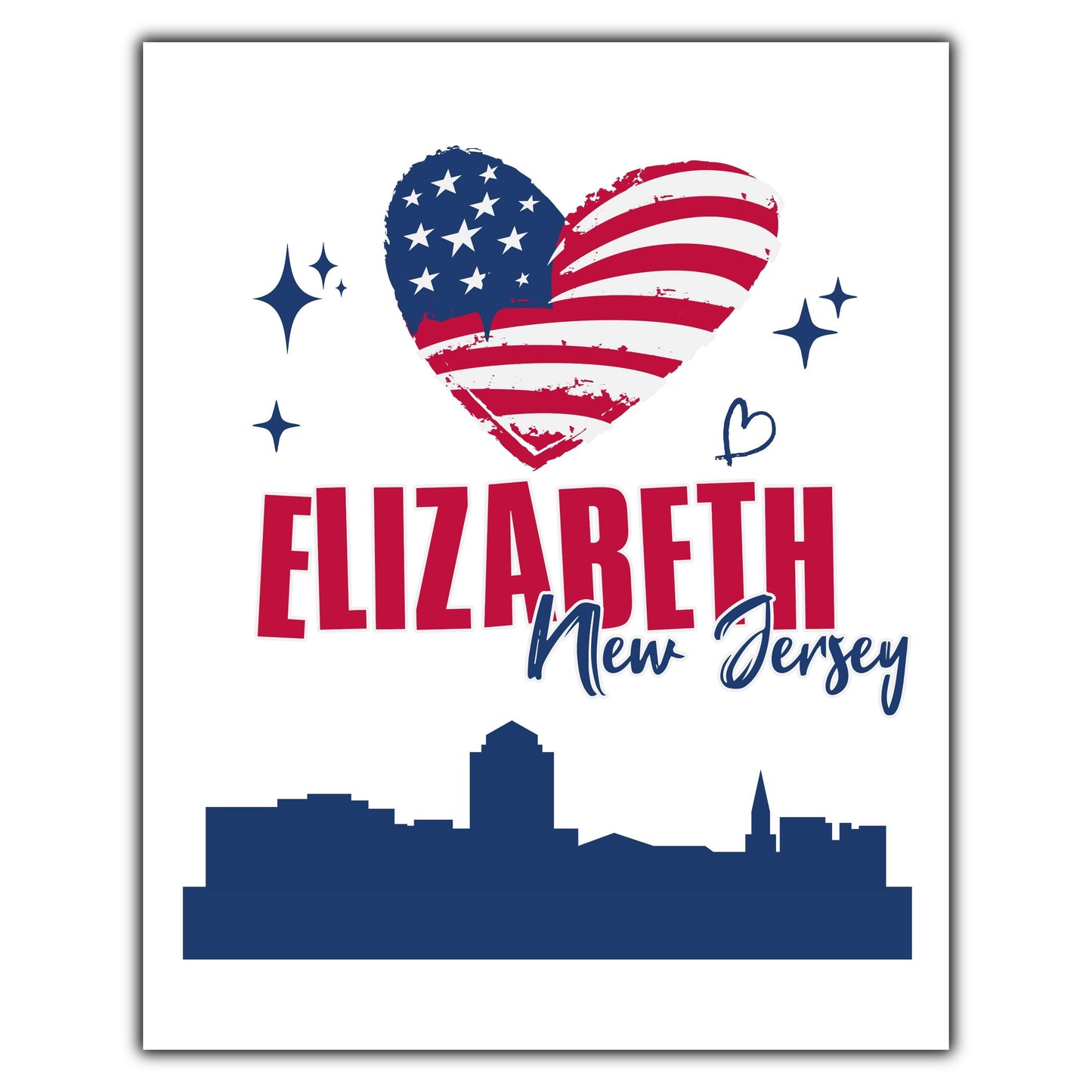 Elizabeth New Jersey Skyline American Flag Heart 4th of July 8"x10" Wall Art Print