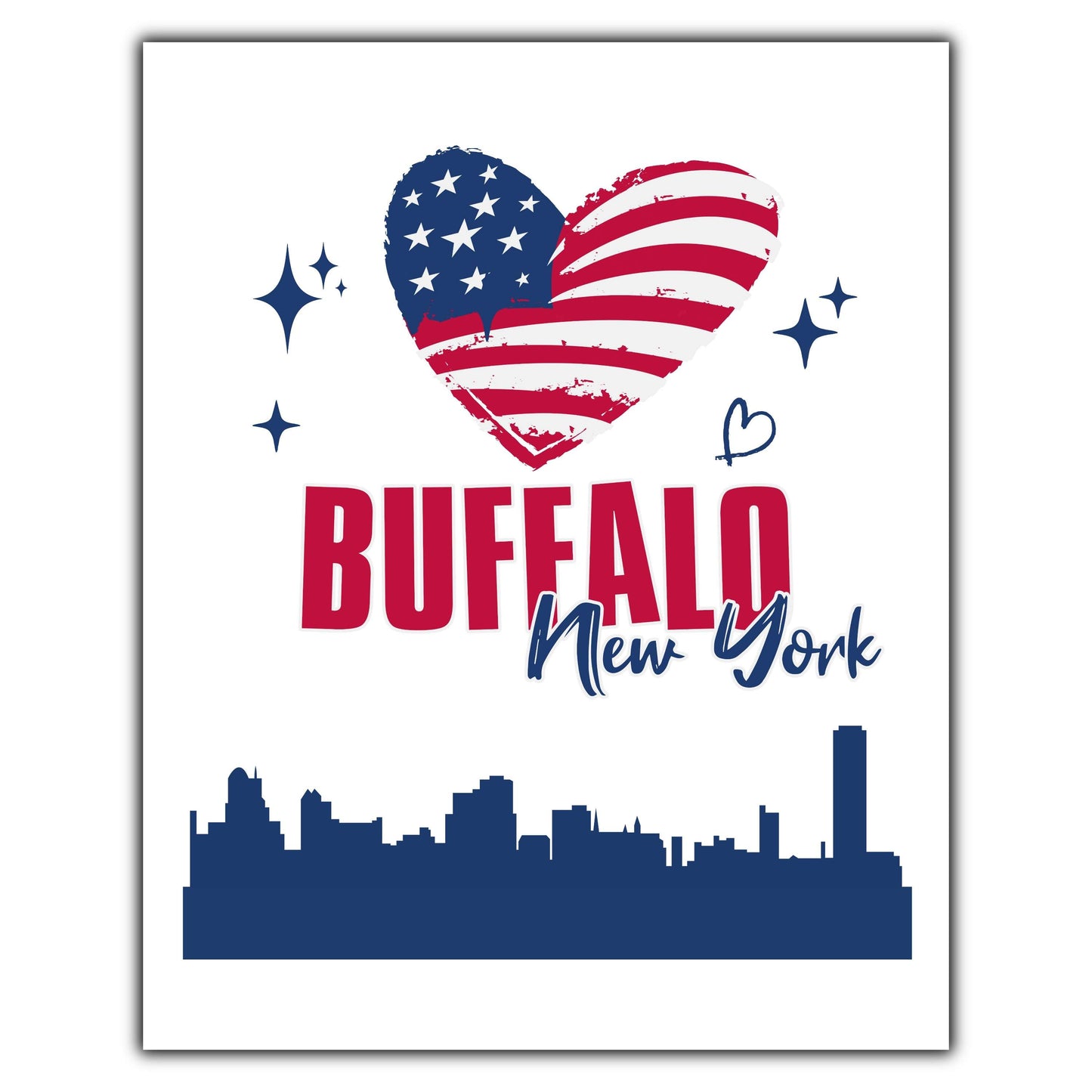 Buffalo New York Skyline American Flag Heart 4th of July 8"x10" Wall Art Print
