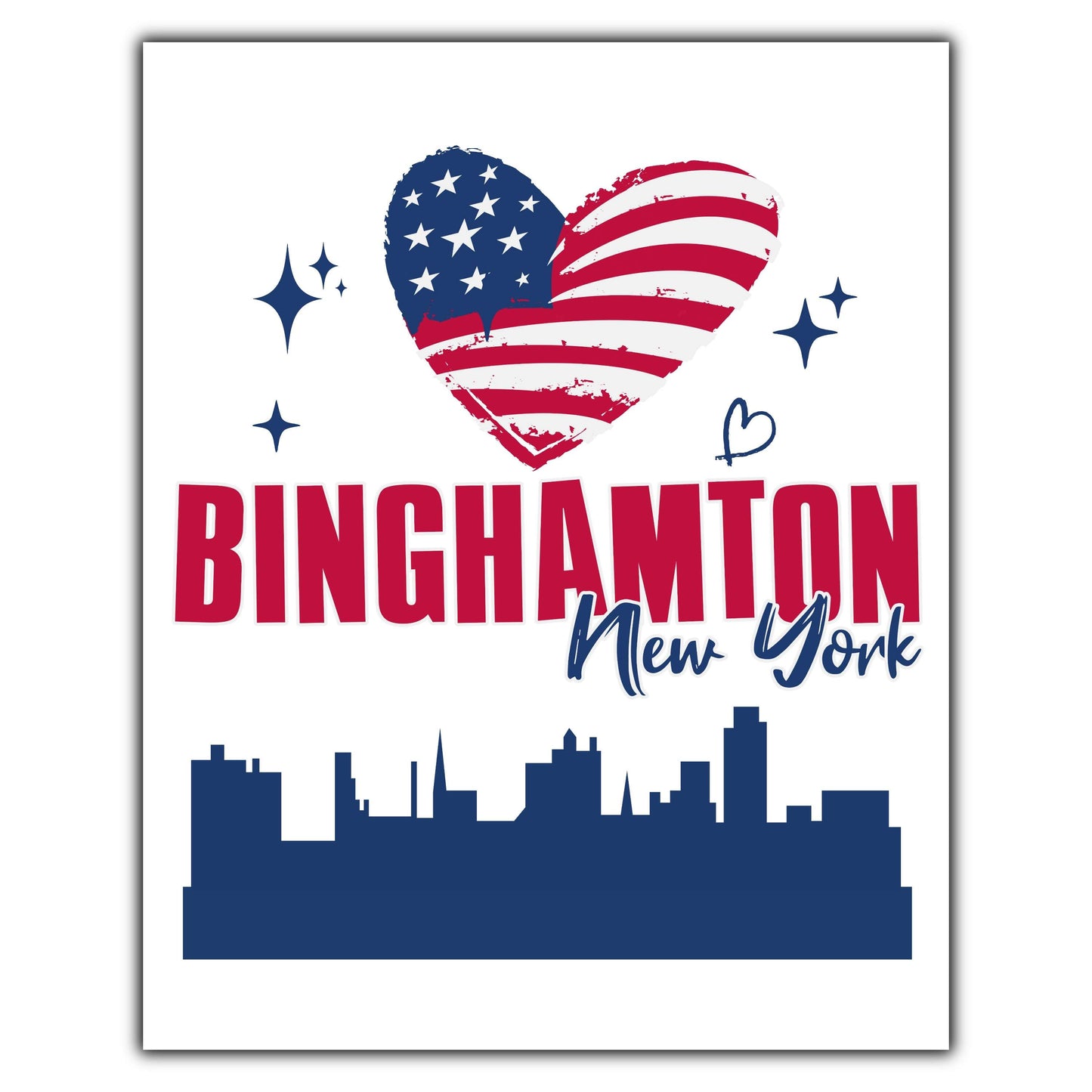 Binghamton New York Skyline American Flag Heart 4th of July 8"x10" Wall Art Print
