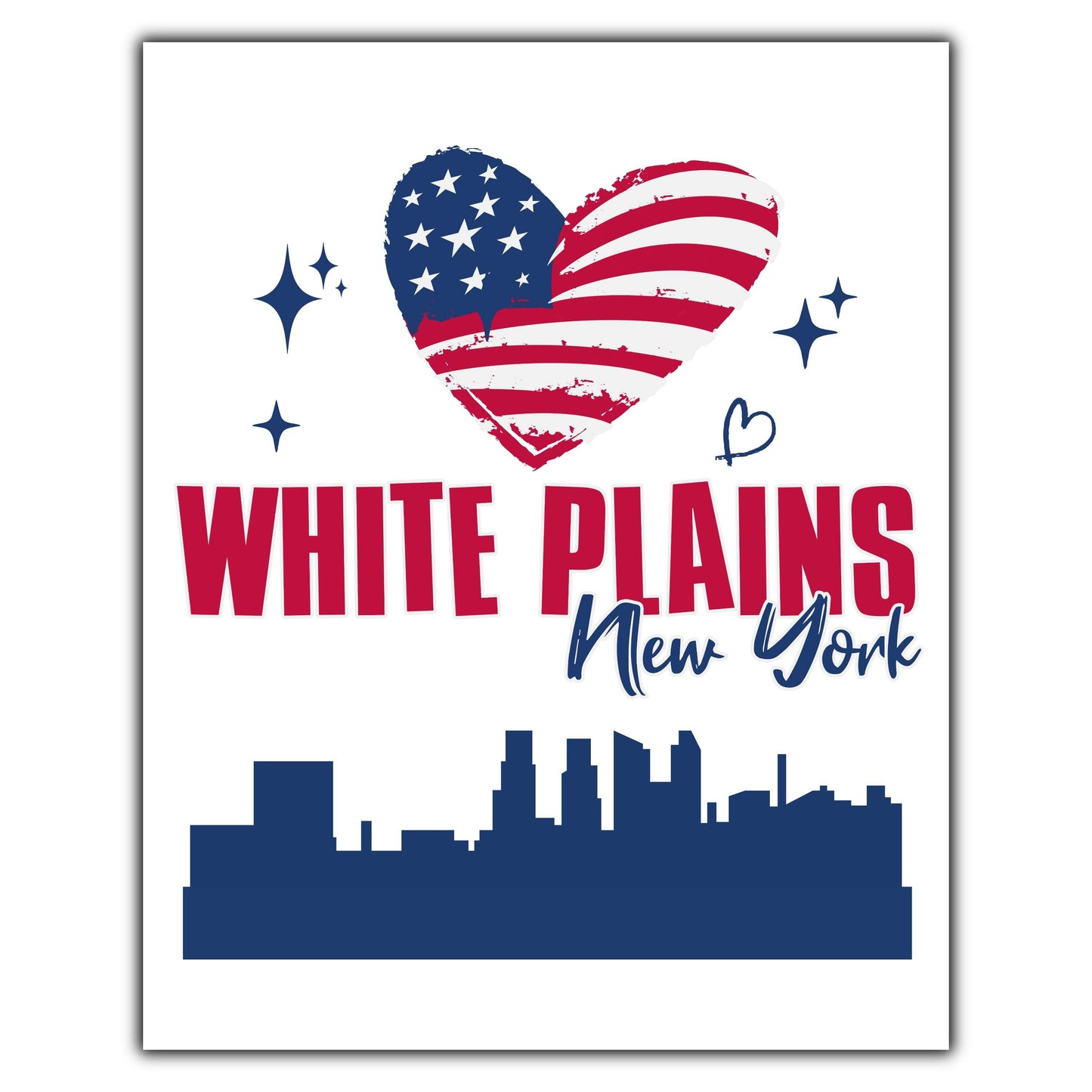 White Plains New York Skyline American Flag Heart 4th of July 8"x10" Wall Art Print