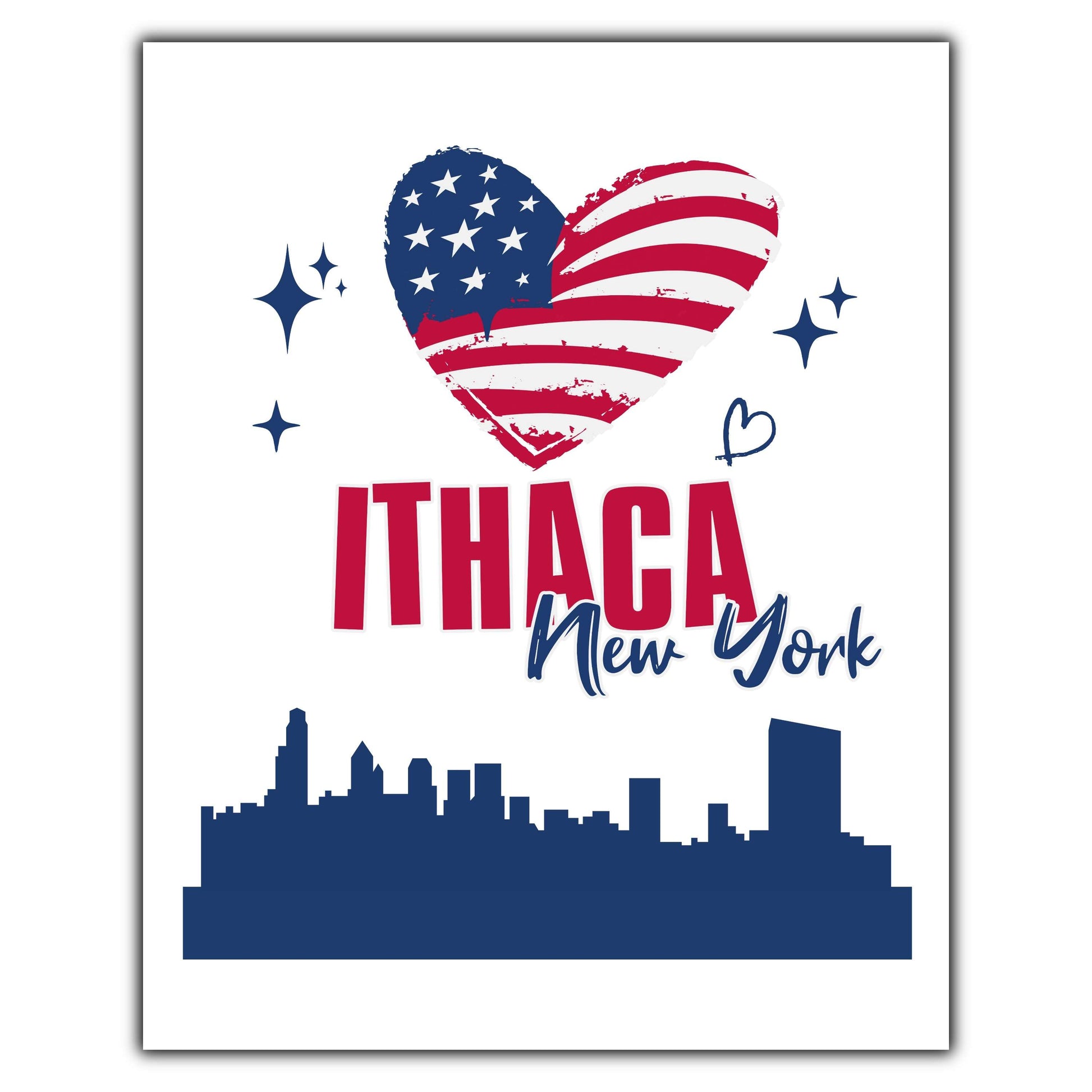 Ithaca New York Skyline American Flag Heart 4th of July 8"x10" Wall Art Print