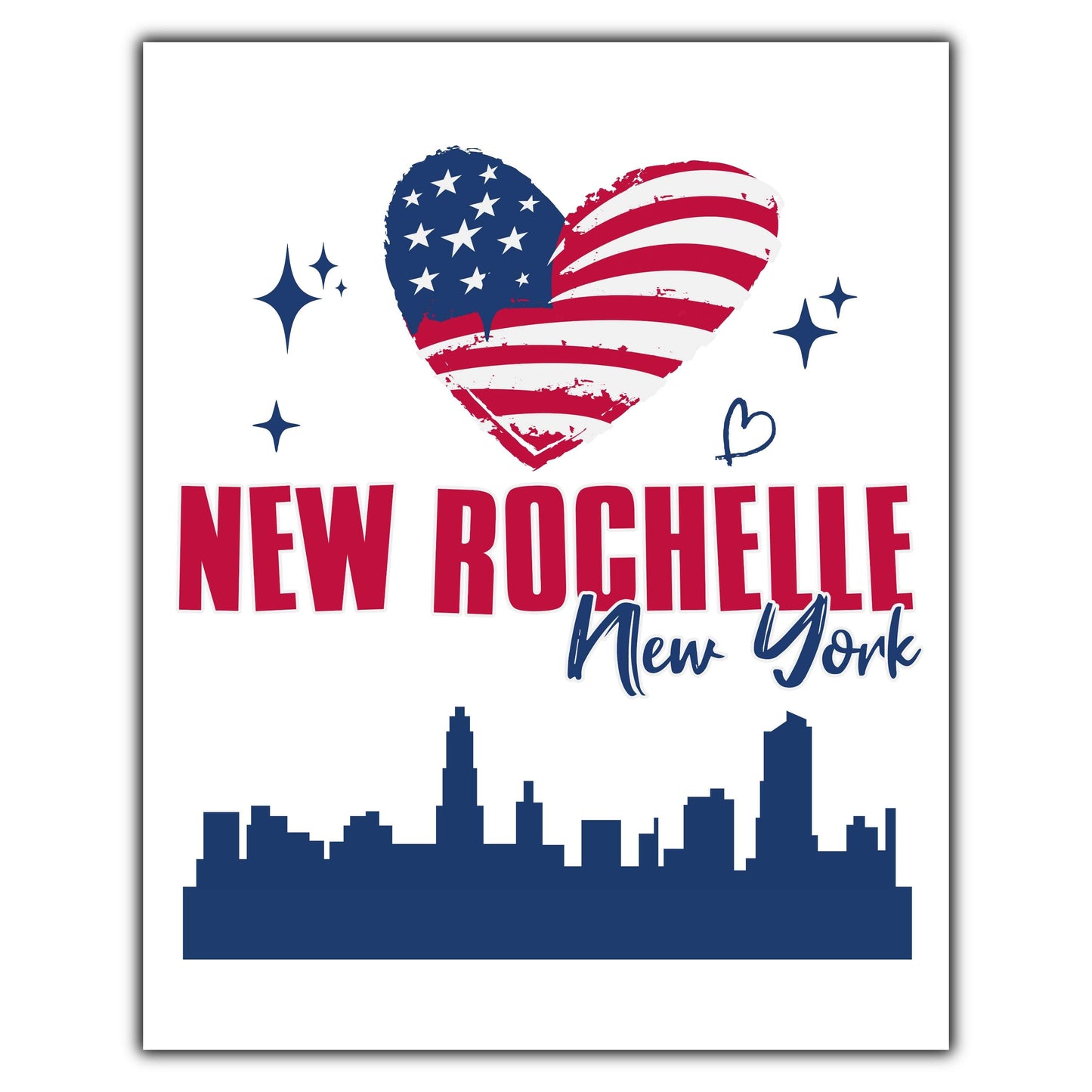 New Rochelle New York Skyline American Flag Heart 4th of July 8"x10" Wall Art Print