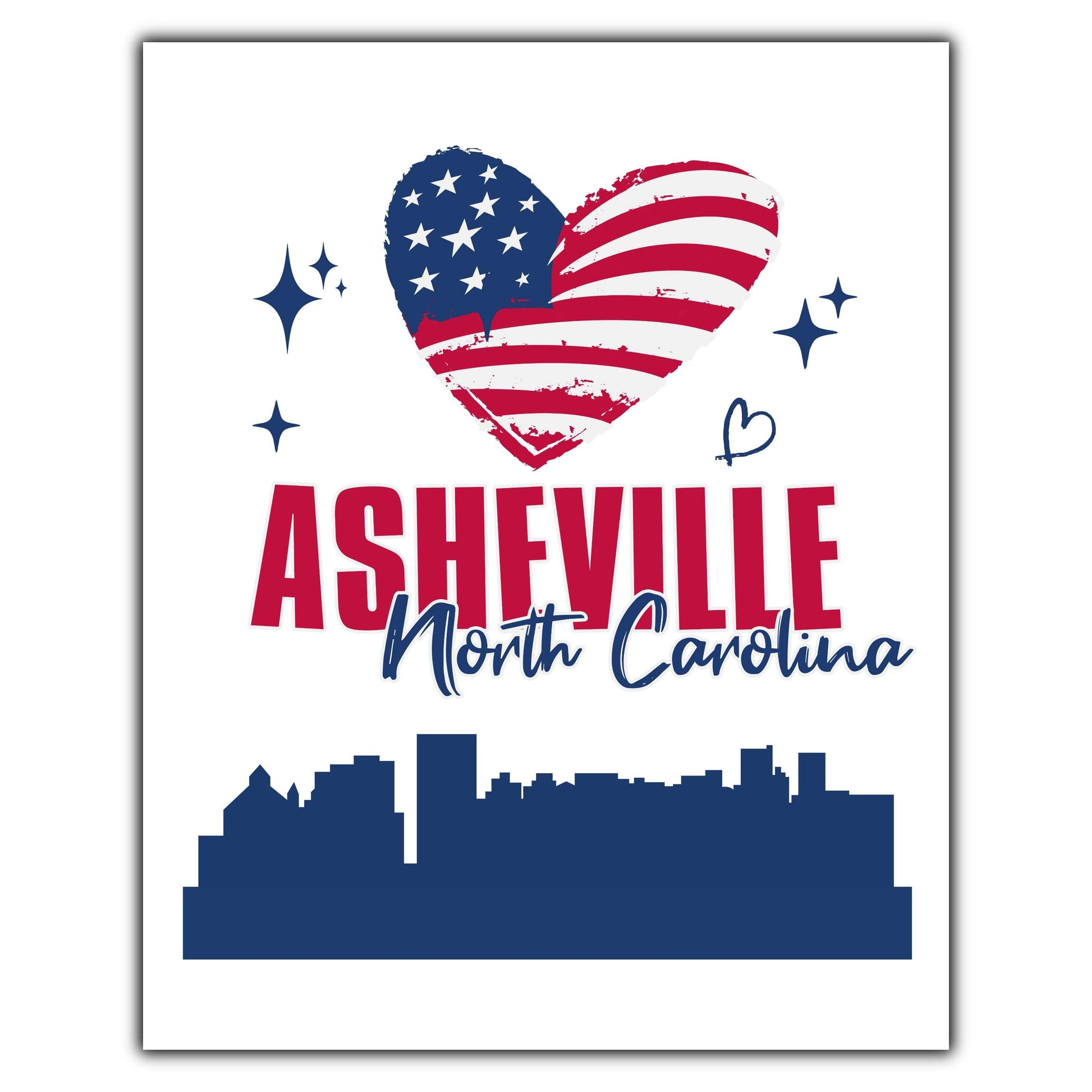Asheville North Carolina Skyline American Flag Heart 4th of July 8"x10" Wall Art Print