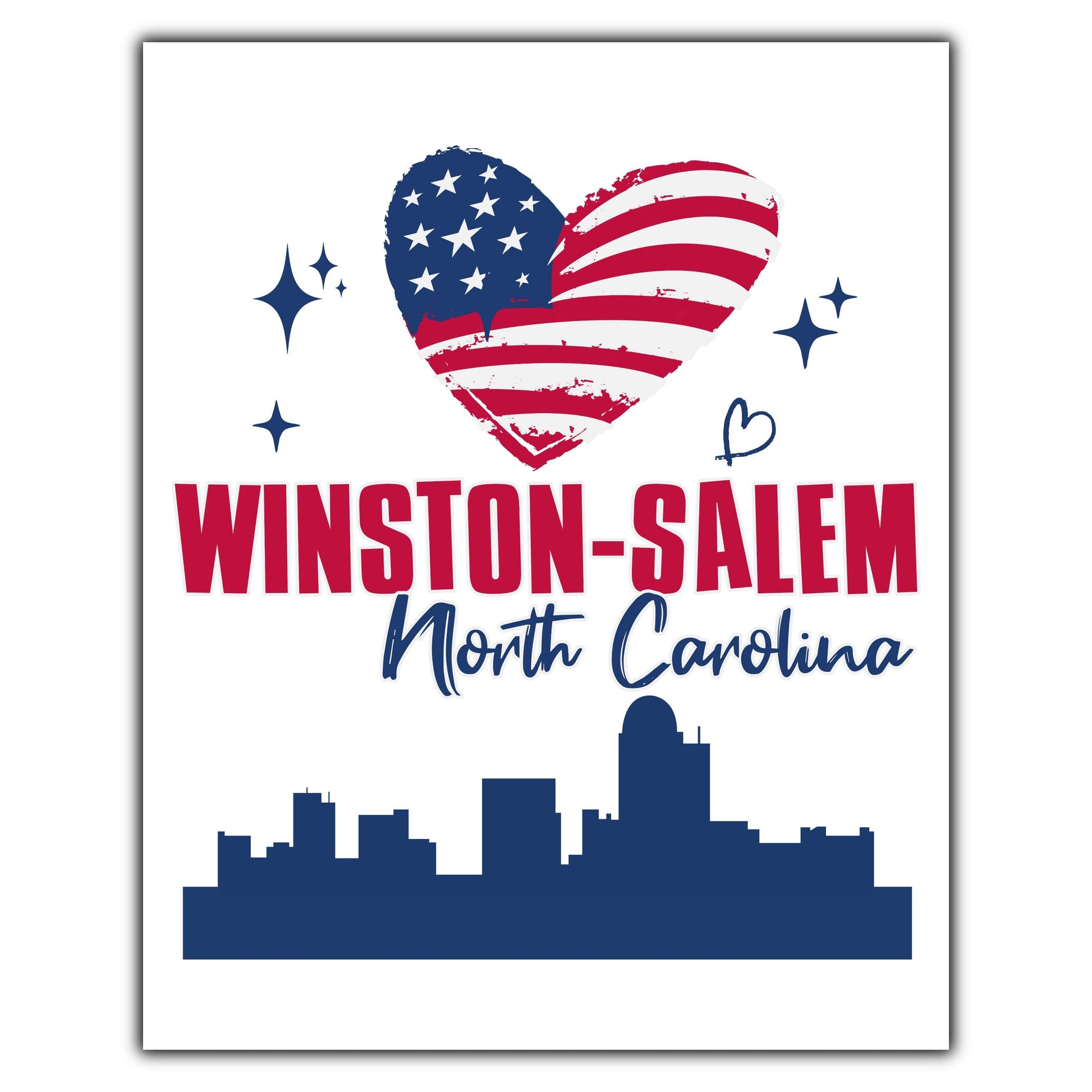 Winston-Salem North Carolina Skyline American Flag Heart 4th of July 8"x10" Wall Art Print