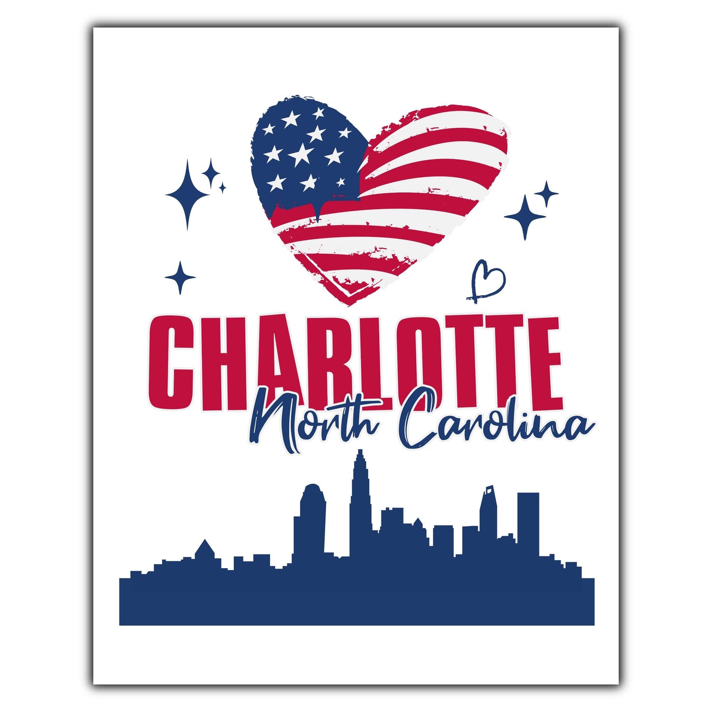 Charlotte North Carolina Skyline American Flag Heart 4th of July 8"x10" Wall Art Print