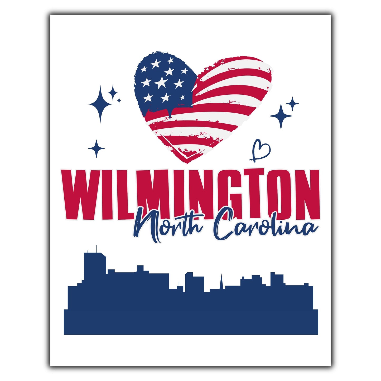Wilmington North Carolina Skyline American Flag Heart 4th of July 8"x10" Wall Art Print