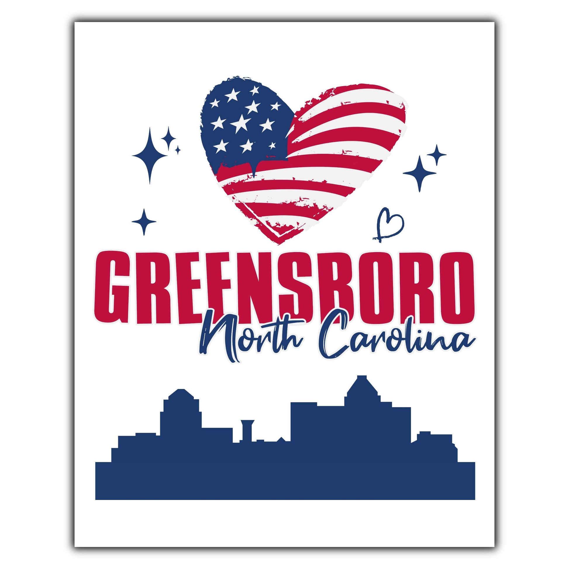 Greensboro North Carolina Skyline American Flag Heart 4th of July 8"x10" Wall Art Print
