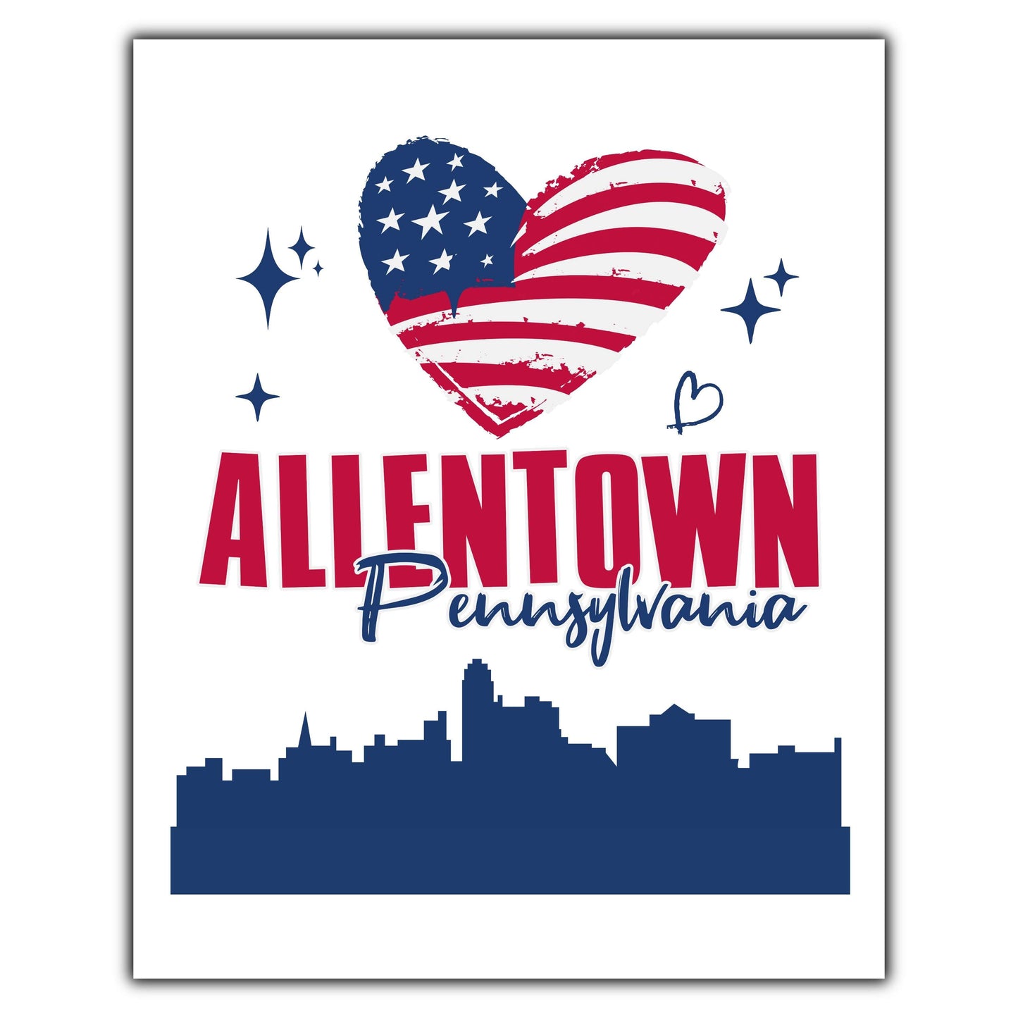 Allentown Pennsylvania Skyline American Flag Heart 4th of July 8"x10" Wall Art Print