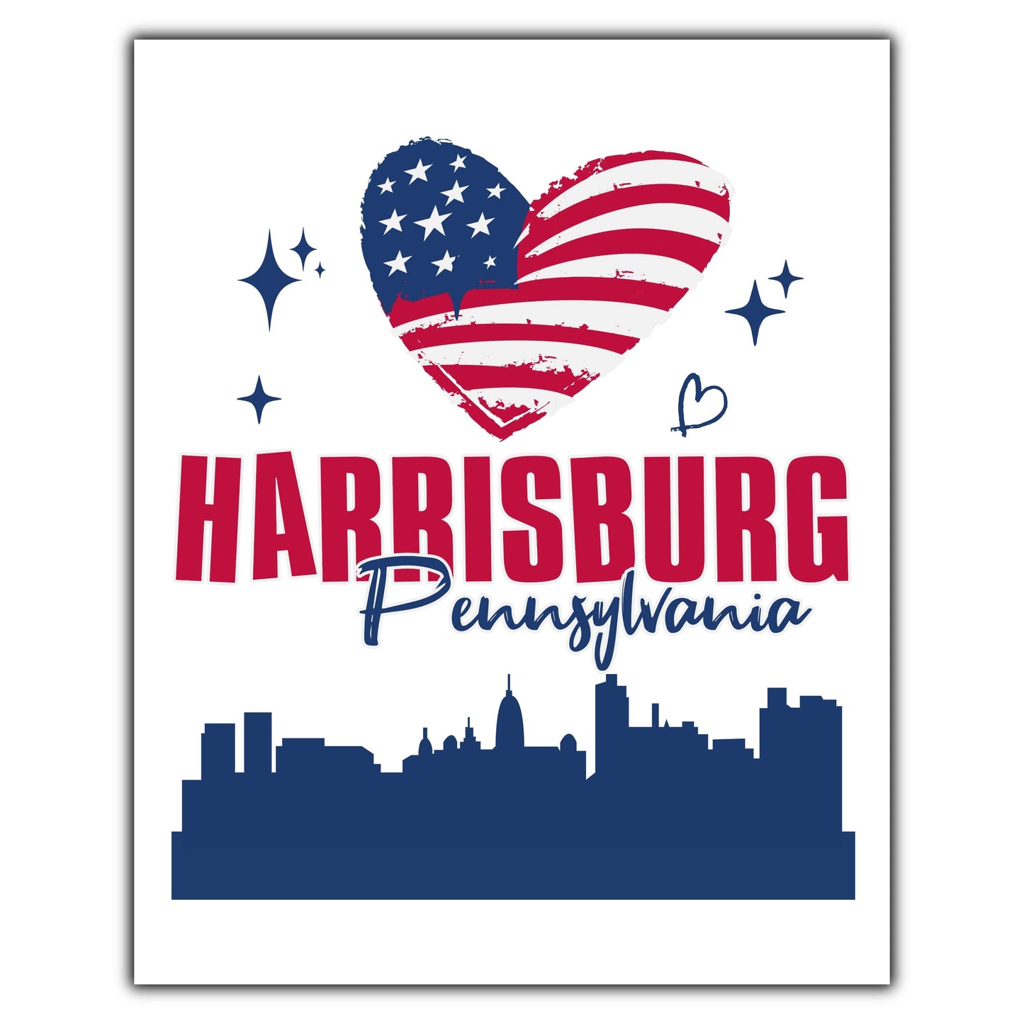 Harrisburg Pennsylvania Skyline American Flag Heart 4th of July 8"x10" Wall Art Print