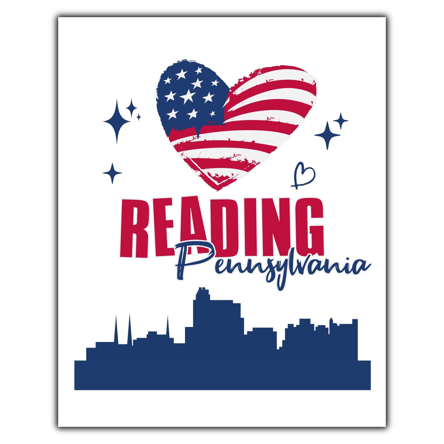 Reading Pennsylvania Skyline American Flag Heart 4th of July 8"x10" Wall Art Print
