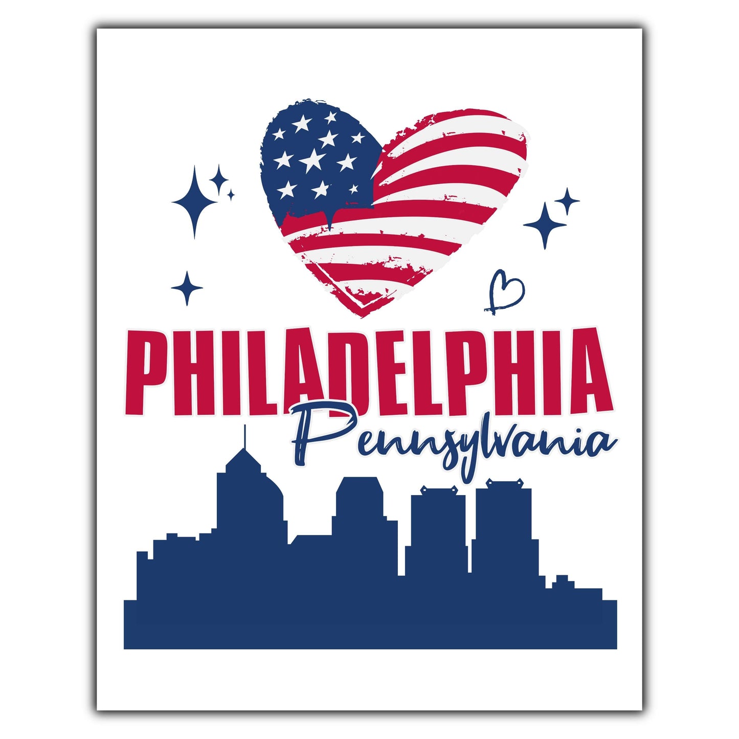 Philadelphia Pennsylvania Skyline American Flag Heart 4th of July 8"x10" Wall Art Print