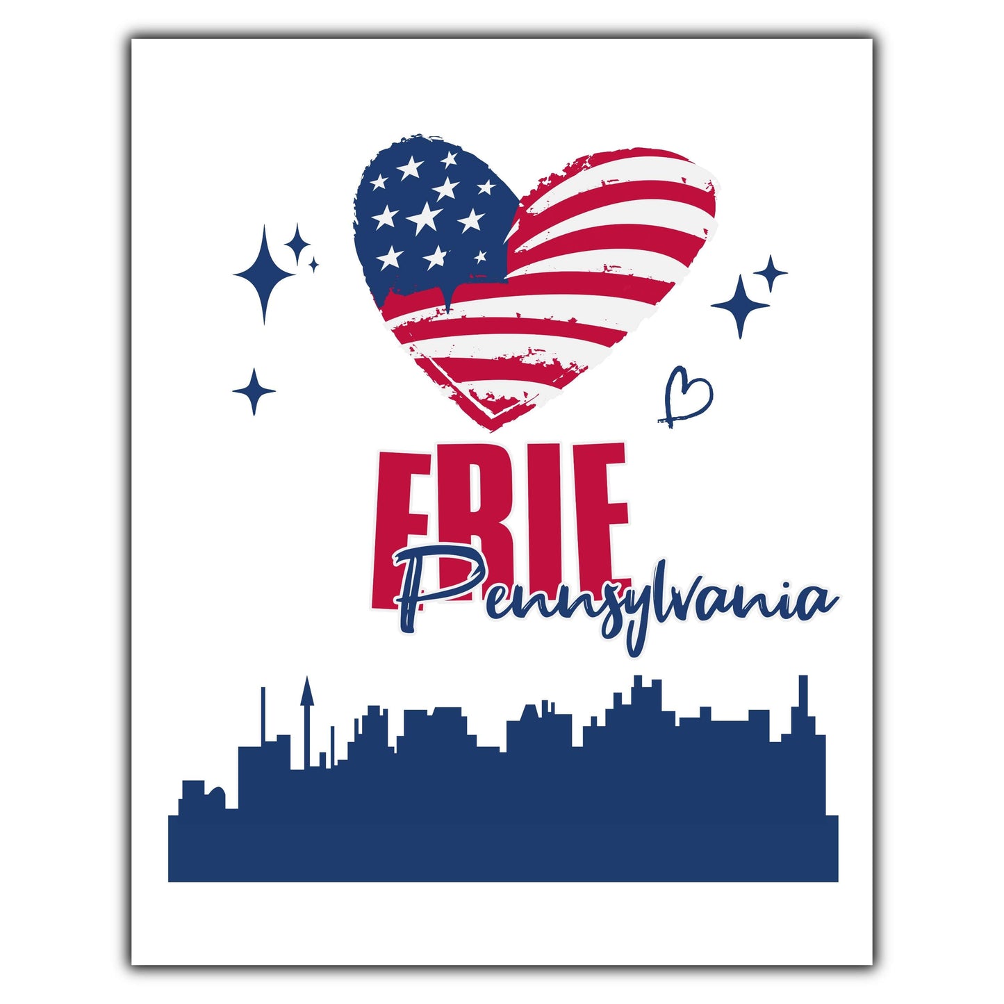 Erie Pennsylvania Skyline American Flag Heart 4th of July 8"x10" Wall Art Print