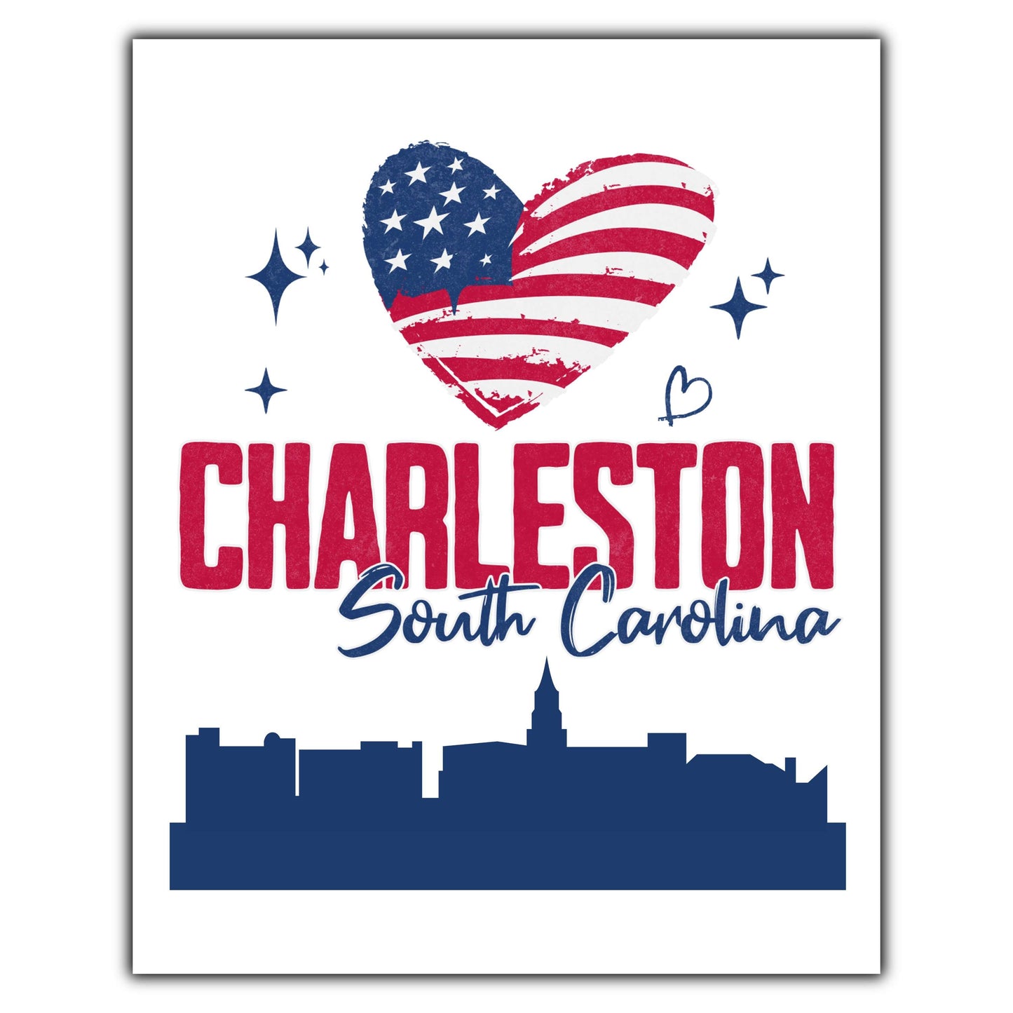 Charleston South Carolina Skyline American Flag Heart 4th of July 8"x10" Wall Art Print