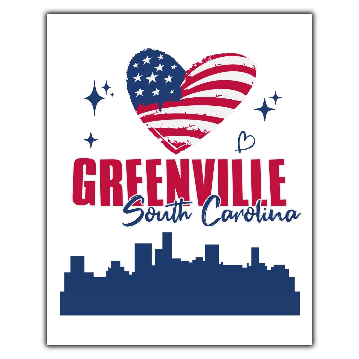 Greenville South Carolina Skyline American Flag Heart 4th of July 8"x10" Wall Art Print