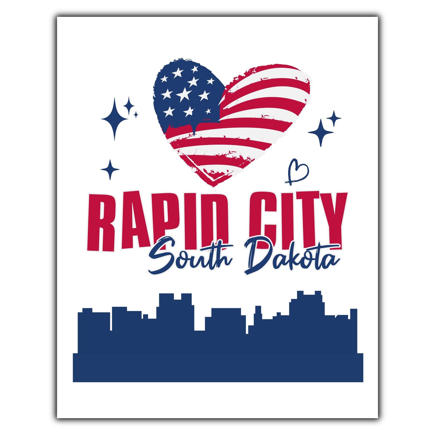 Rapid City South Dakota Skyline American Flag Heart 4th of July 8"x10" Wall Art Print