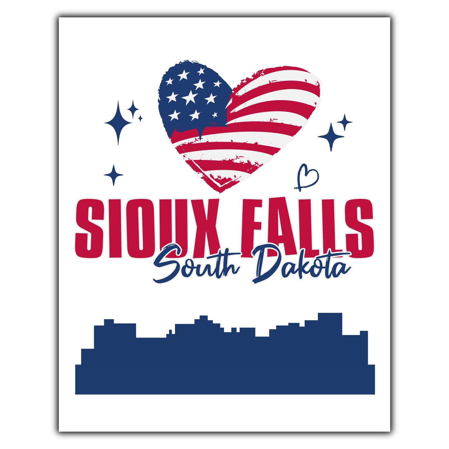 Sioux Falls South Dakota Skyline American Flag Heart 4th of July 8"x10" Wall Art Print