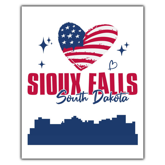 Sioux Falls South Dakota Skyline American Flag Heart 4th of July 8"x10" Wall Art Print