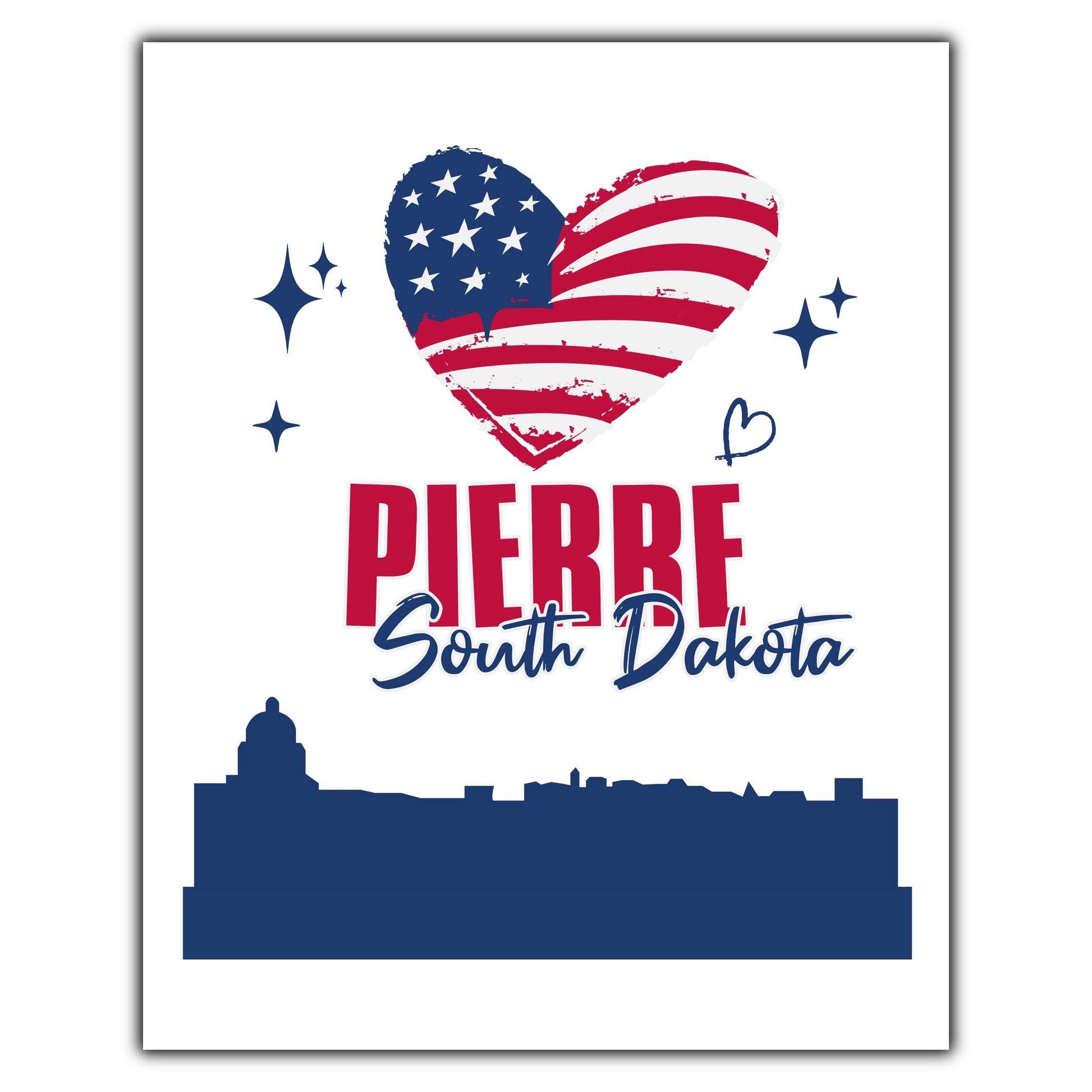 Pierre South Dakota Skyline American Flag Heart 4th of July 8"x10" Wall Art Print