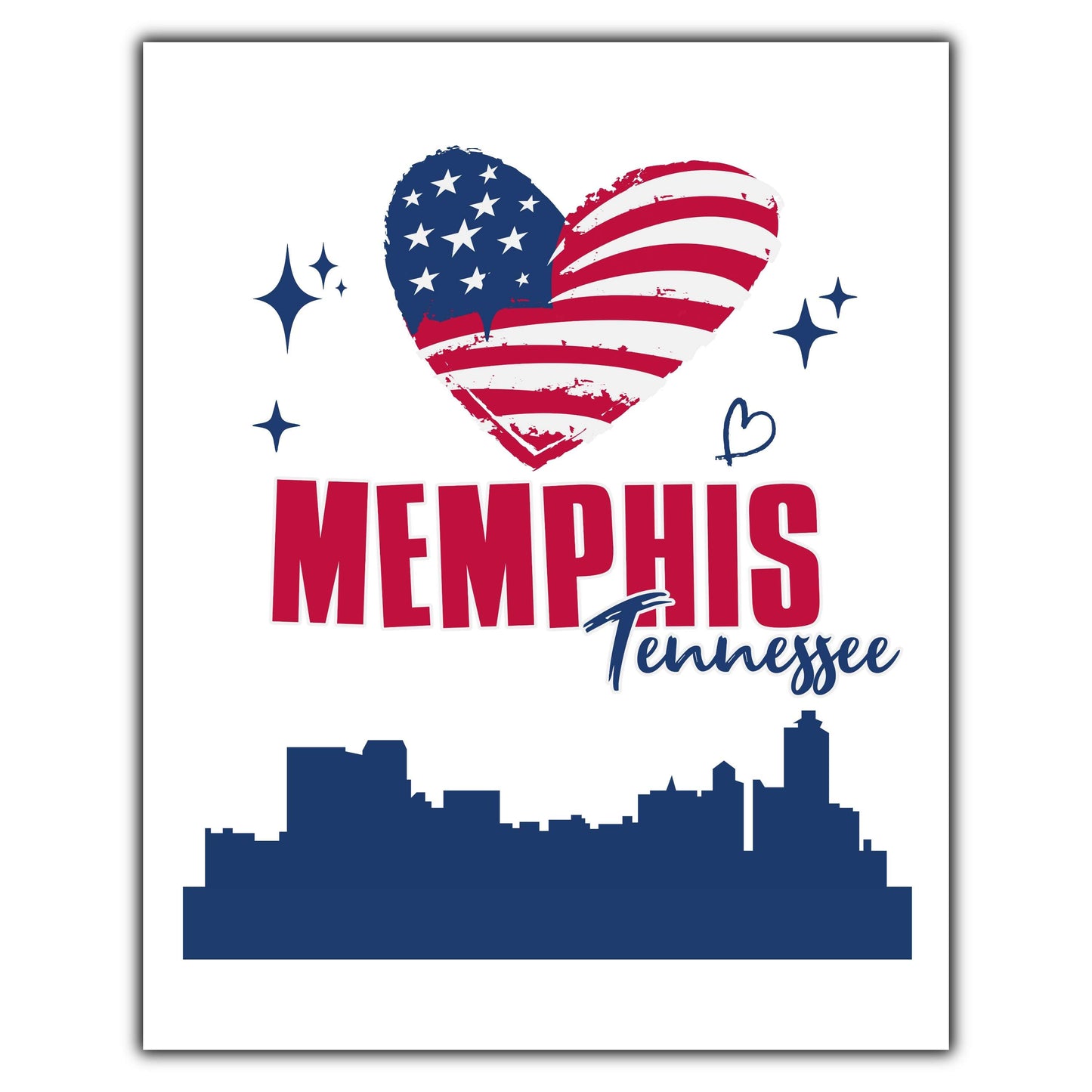 Memphis Tennessee Skyline American Flag Heart 4th of July 8"x10" Wall Art Print