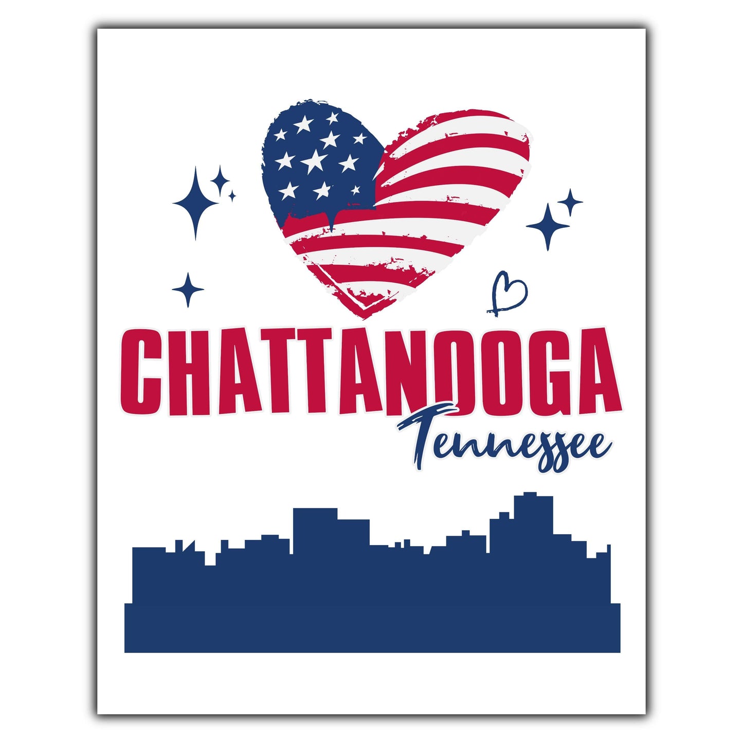 Chattanooga Tennessee Skyline American Flag Heart 4th of July 8"x10" Wall Art Print