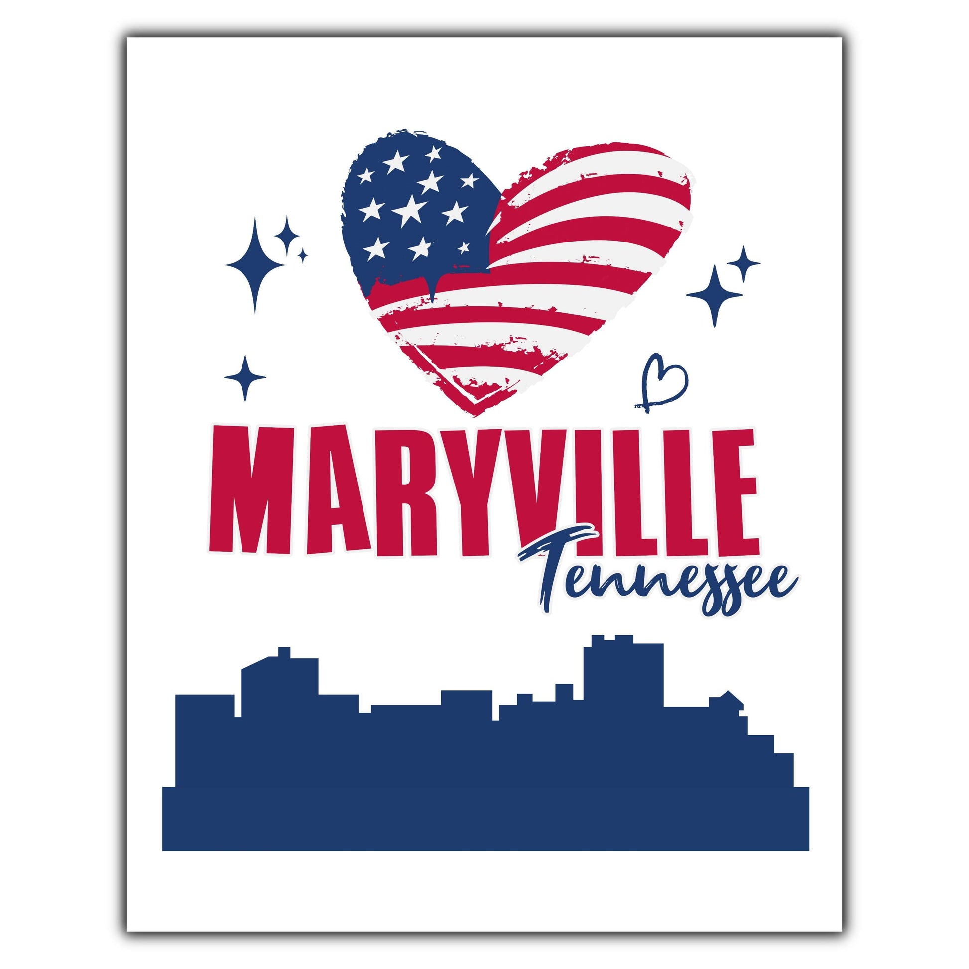 Maryville Tennessee Skyline American Flag Heart 4th of July 8"x10" Wall Art Print