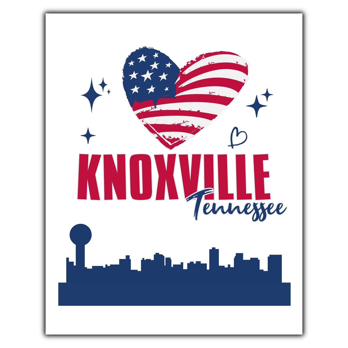 Knoxville Tennessee Skyline American Flag Heart 4th of July 8"x10" Wall Art Print