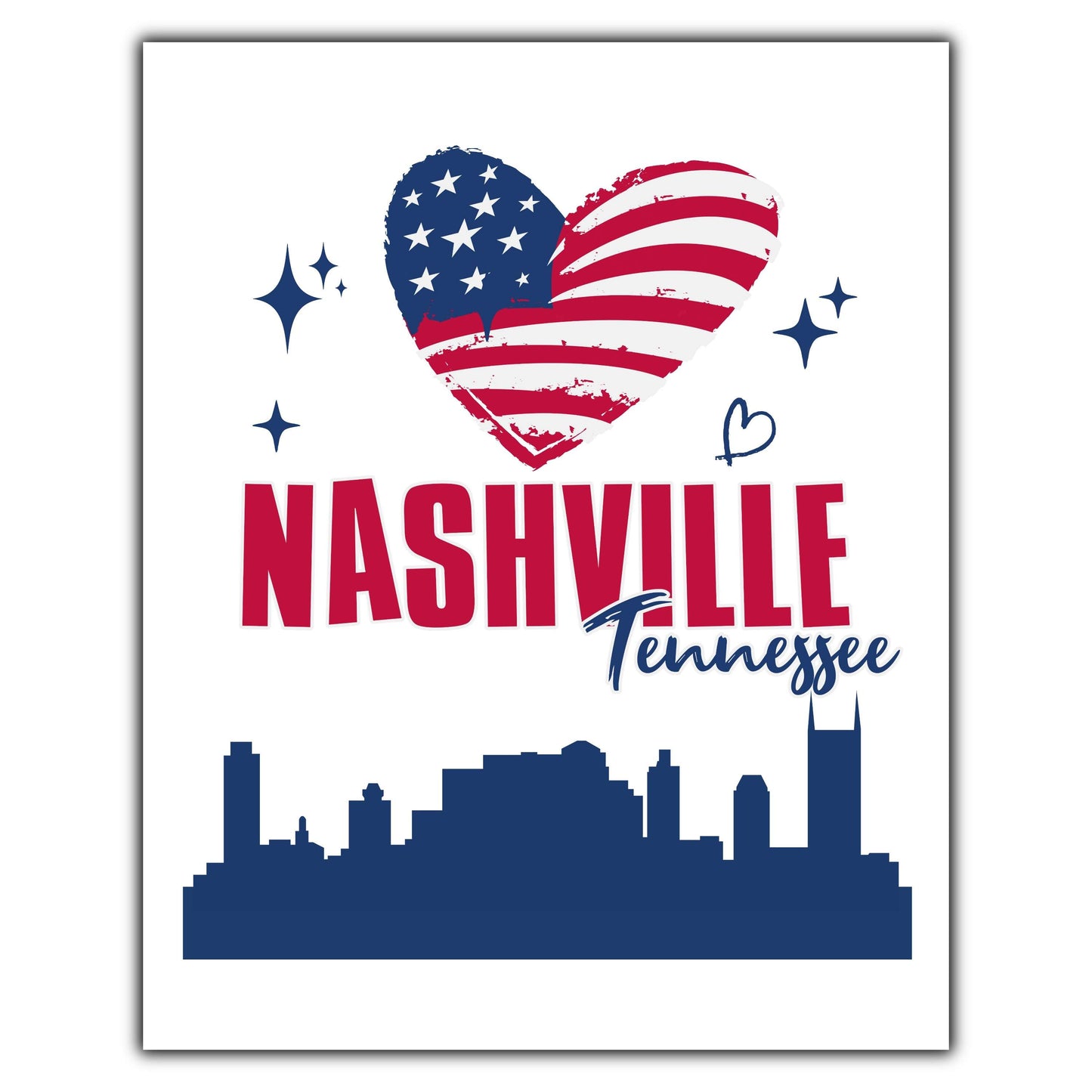 Nashville Tennessee Skyline American Flag Heart 4th of July 8"x10" Wall Art Print