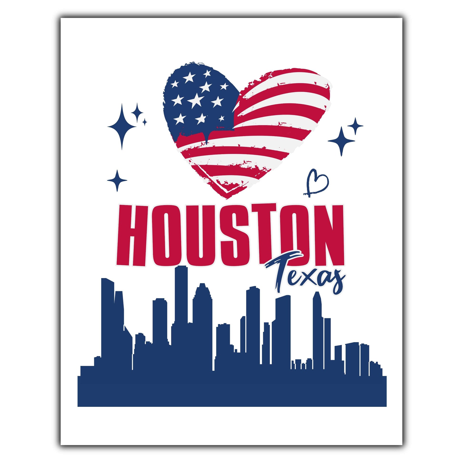 Houston Texas Skyline American Flag Heart 4th of July 8"x10" Wall Art Print