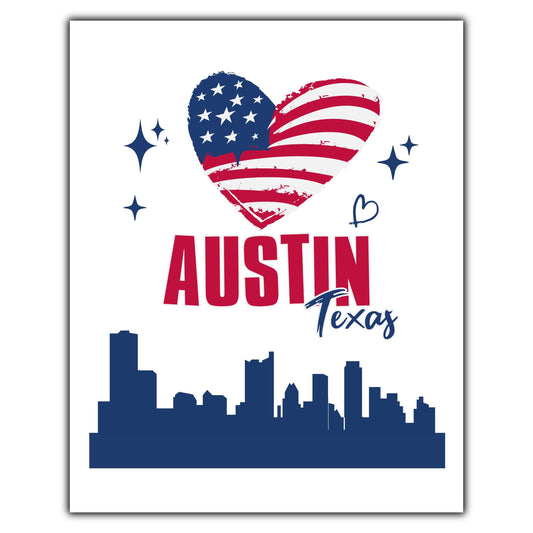 Austin Texas Skyline American Flag Heart 4th of July 8"x10" Wall Art Print