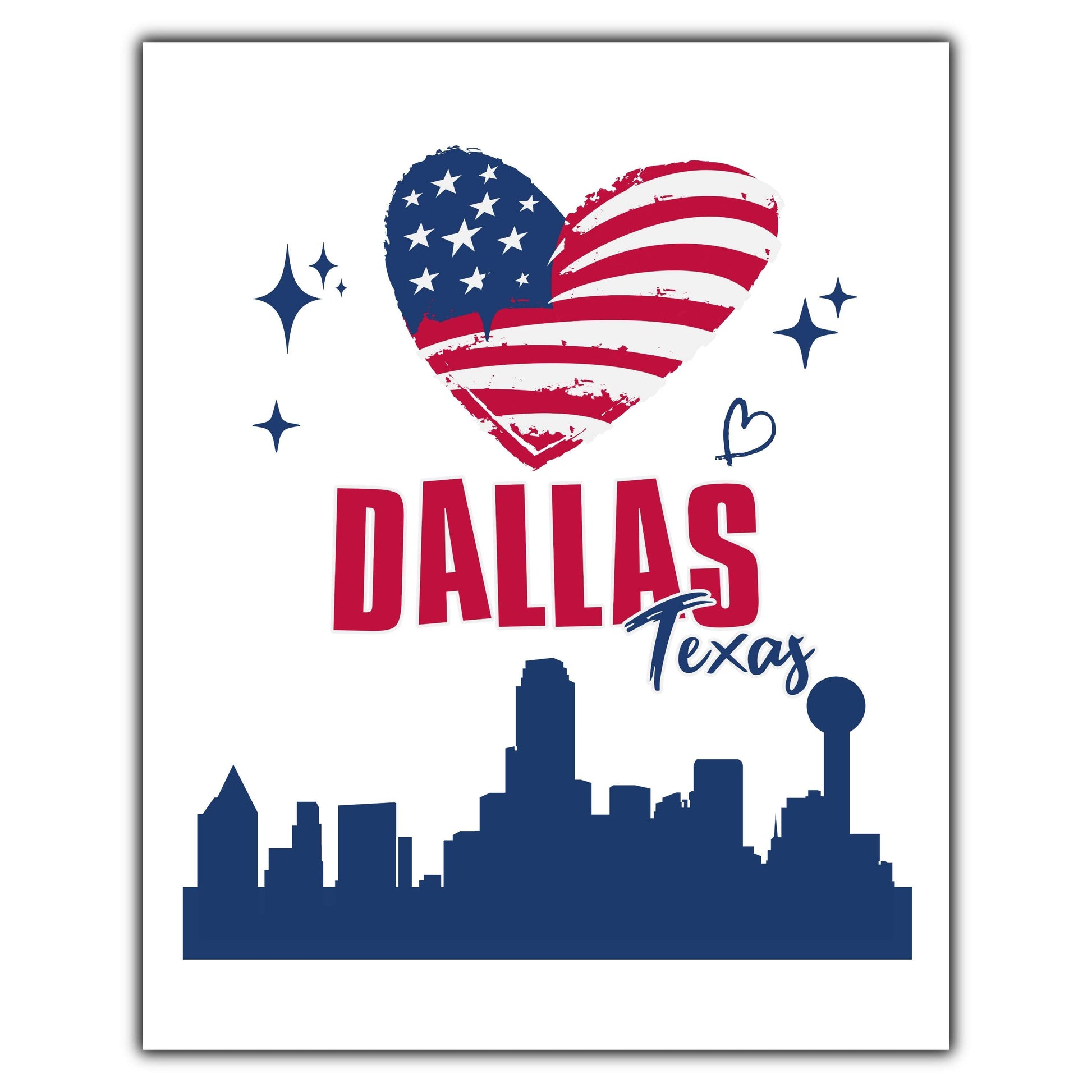 Dallas Texas Skyline American Flag Heart 4th of July 8"x10" Wall Art Print