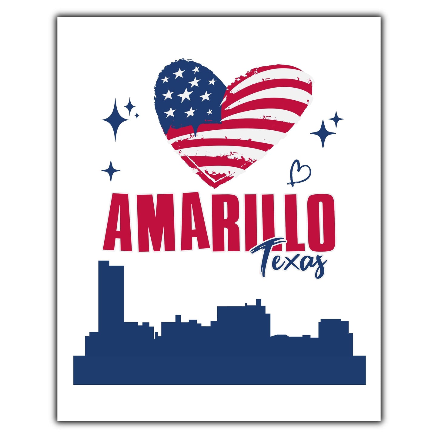 Amarillo Texas Skyline American Flag Heart 4th of July 8"x10" Wall Art Print