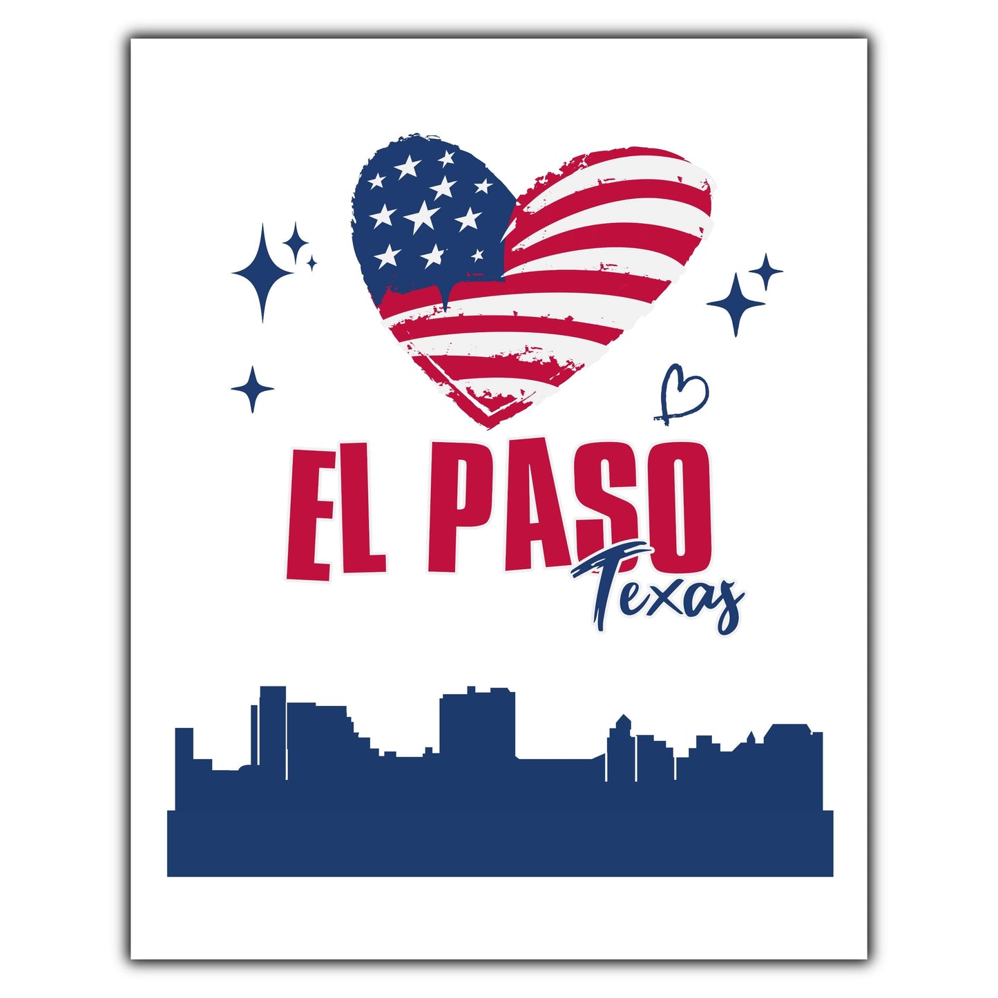 El Paso Texas Skyline American Flag Heart 4th of July 8"x10" Wall Art Print