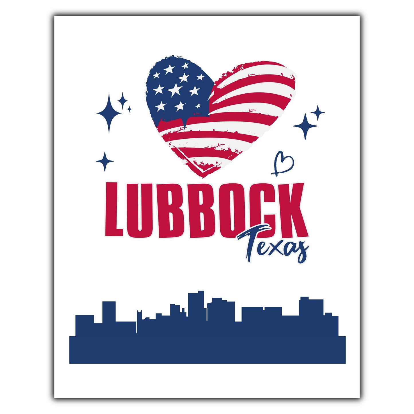 Lubbock Texas Skyline American Flag Heart 4th of July 8"x10" Wall Art Print