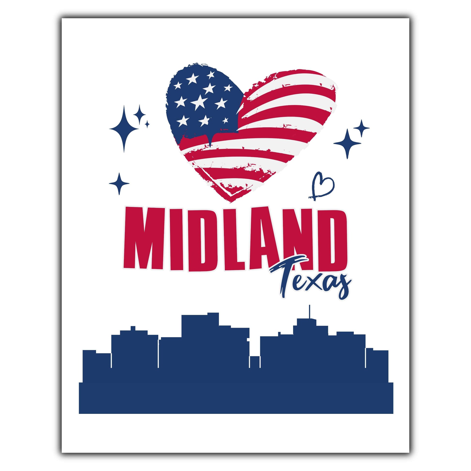 Midland Texas Skyline American Flag Heart 4th of July 8"x10" Wall Art Print