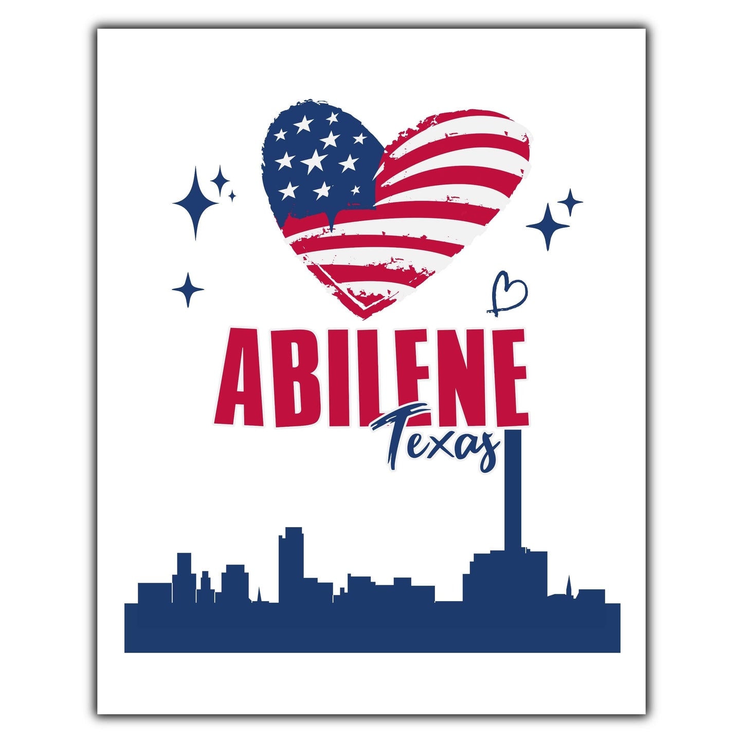 Abilene Texas Skyline American Flag Heart 4th of July 8"x10" Wall Art Print