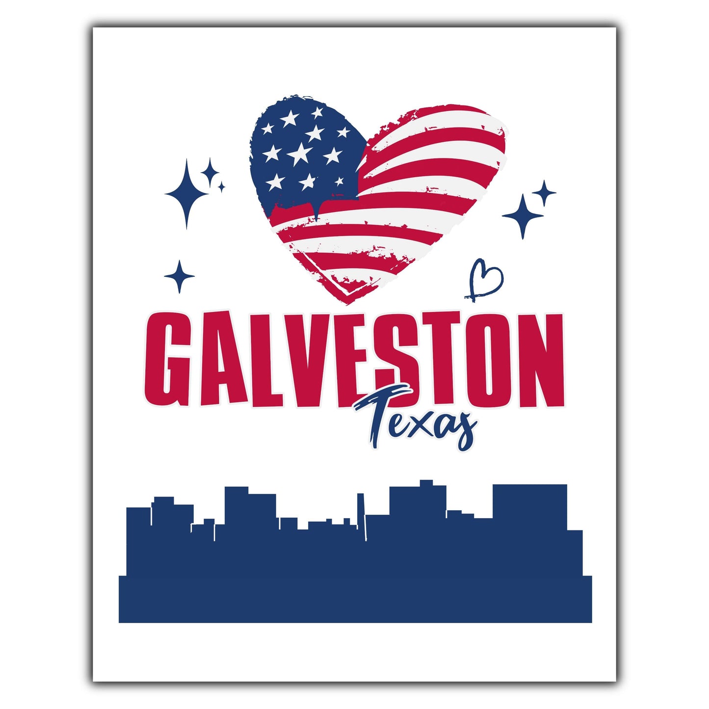 Galveston Texas Skyline American Flag Heart 4th of July 8"x10" Wall Art Print