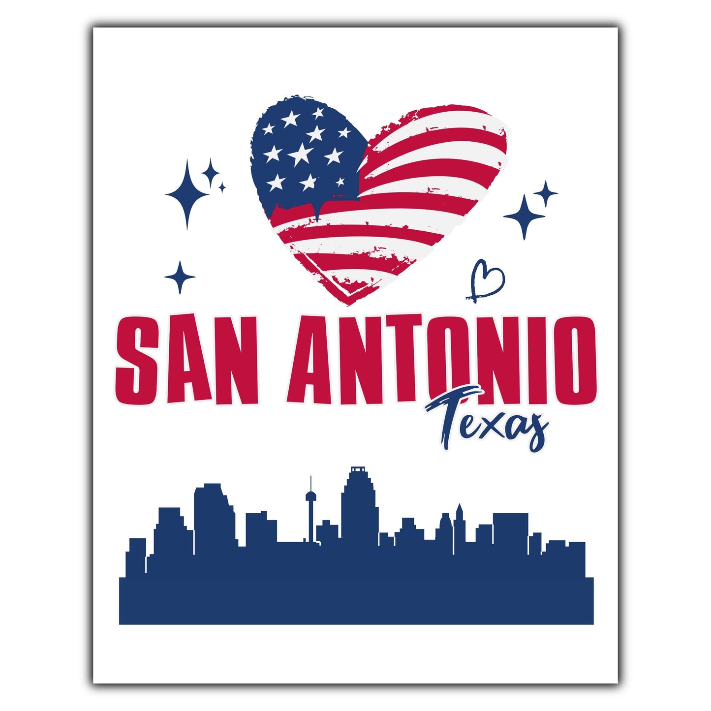 San Antonio Texas Skyline American Flag Heart 4th of July 8"x10" Wall Art Print