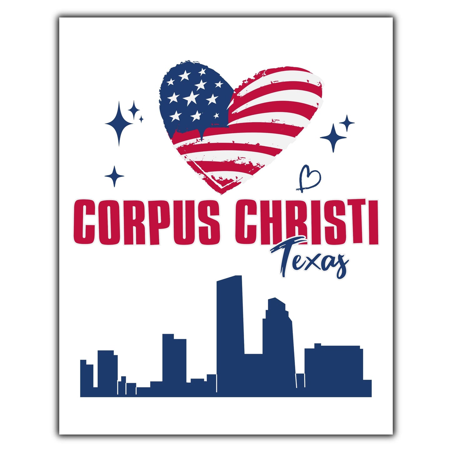 Corpus Christi Texas Skyline American Flag Heart 4th of July 8"x10" Wall Art Print