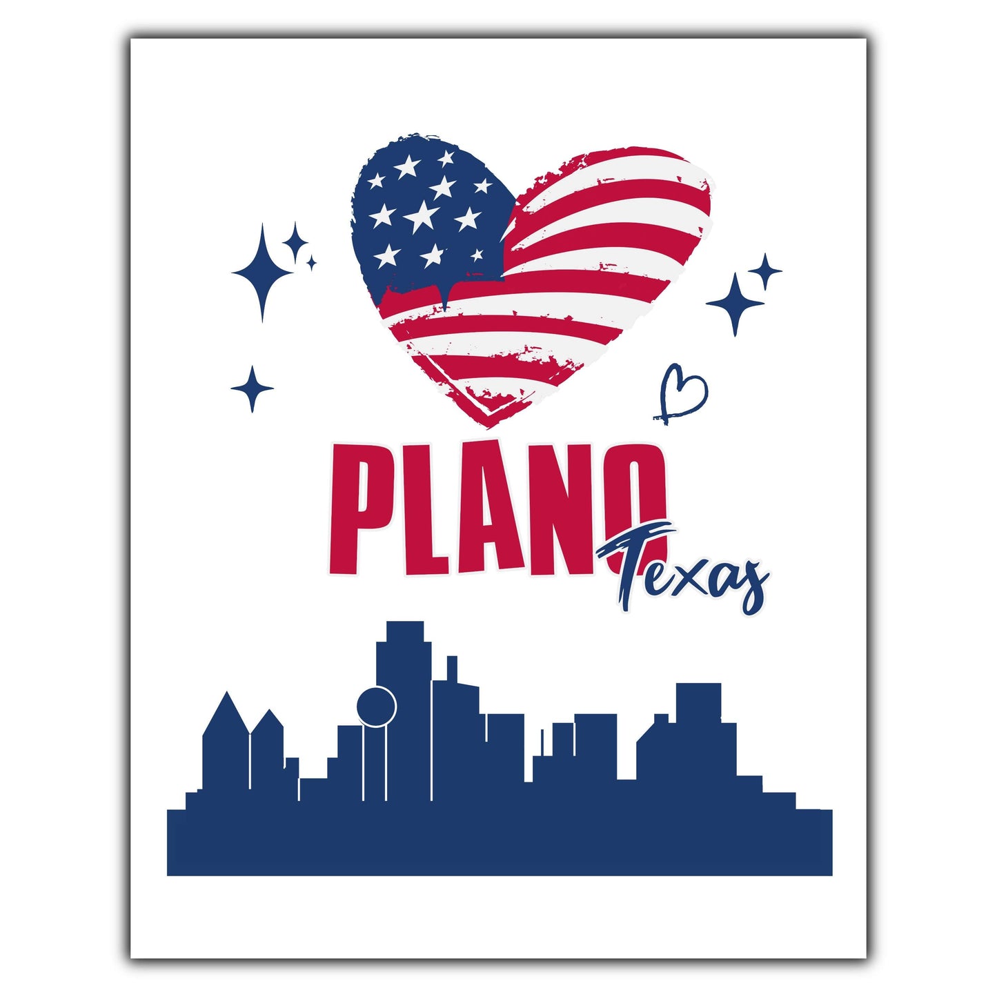 Plano Texas Skyline American Flag Heart 4th of July 8"x10" Wall Art Print