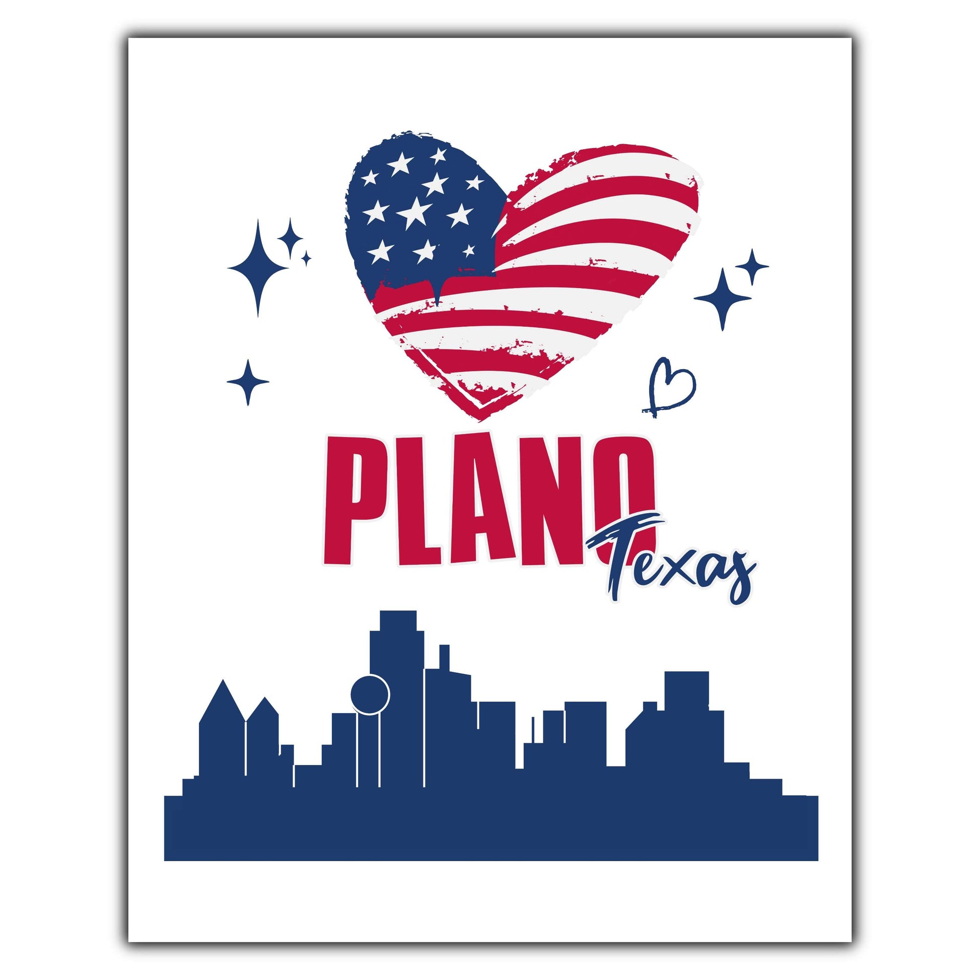 Plano Texas Skyline American Flag Heart 4th of July 8"x10" Wall Art Print