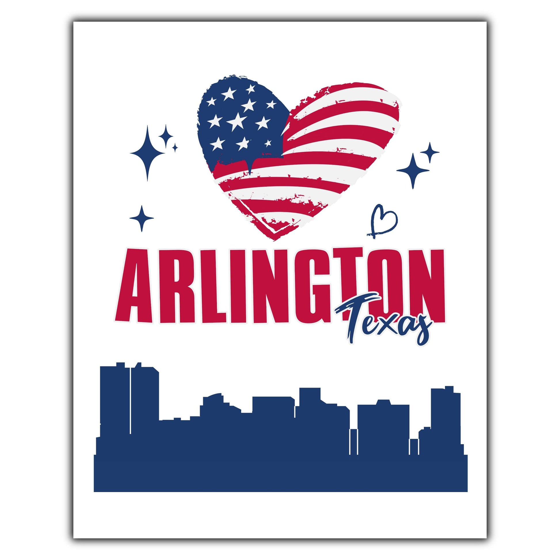 Arlington Texas Skyline American Flag Heart 4th of July 8"x10" Wall Art Print