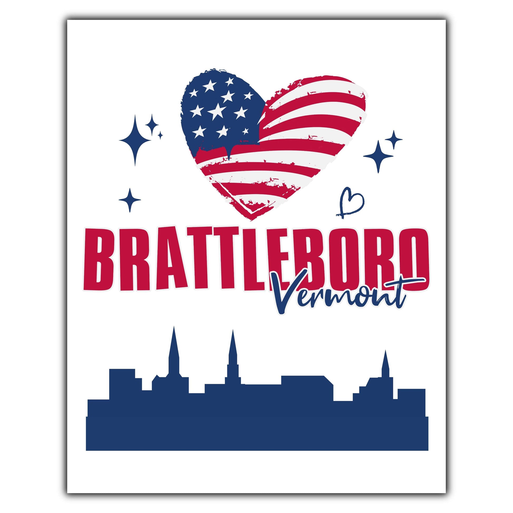 Brattleboro Vermont Skyline American Flag Heart 4th of July 8"x10" Wall Art Print