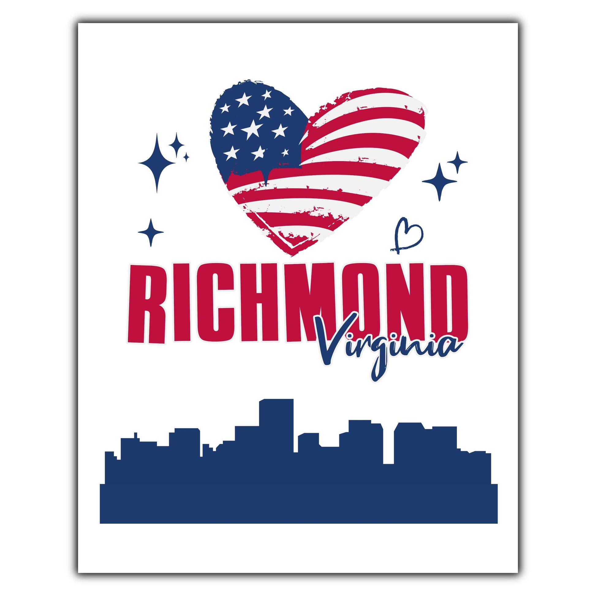 Richmond Virginia Skyline American Flag Heart 4th of July 8"x10" Wall Art Print
