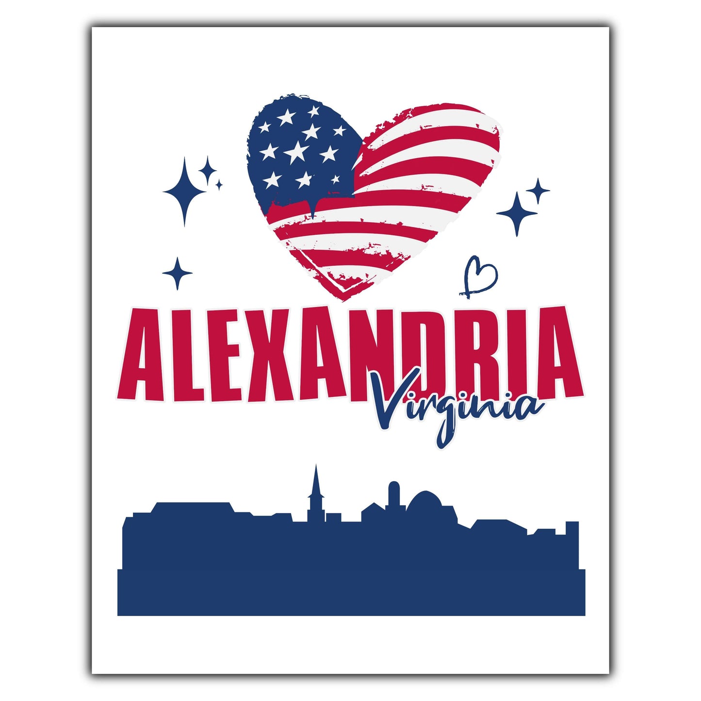 Alexandria Virginia Skyline American Flag Heart 4th of July 8"x10" Wall Art Print