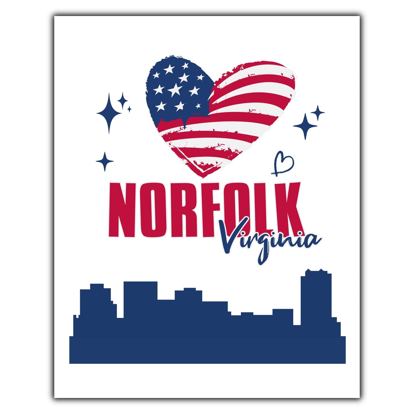 Norfolk Virginia Skyline American Flag Heart 4th of July 8"x10" Wall Art Print