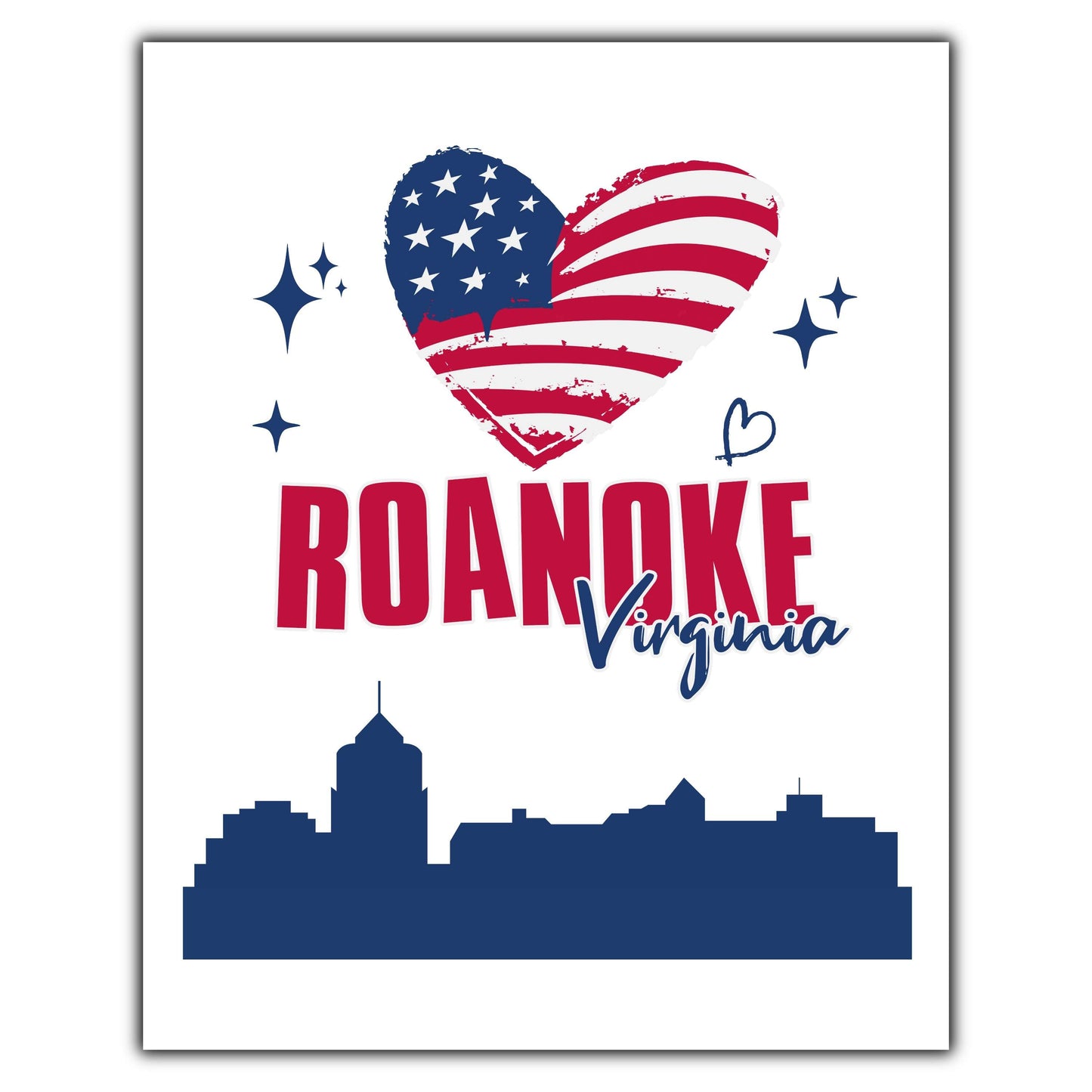 Roanoke Virginia Skyline American Flag Heart 4th of July 8"x10" Wall Art Print